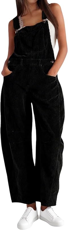 Corduroy Overalls for Women Barrel Wide Leg Bib Corduroy Pants Women Adjustable Romper Jumpsuit with Pockets