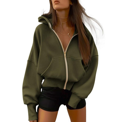 Women's Gold Zipper Hoodie Long Sleeve Fleece Y2K Style Casual Sweatshirt with Pockets for Fall Winter Clothes - Seldom Seen Styles