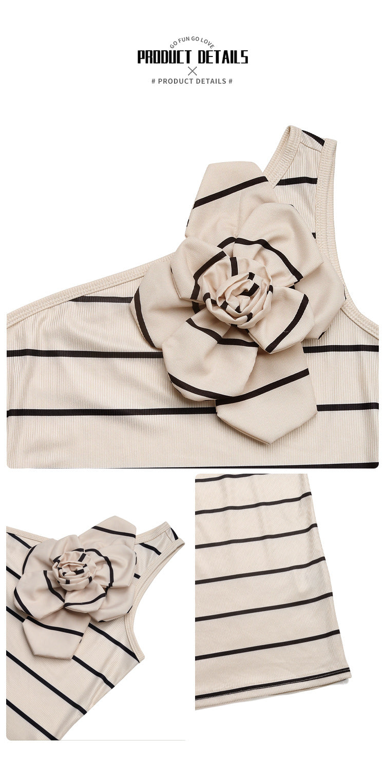 Floral Applique Bodycon Dress for Women Striped Off-Shoulder Party Cocktail Dress with 3D Flower