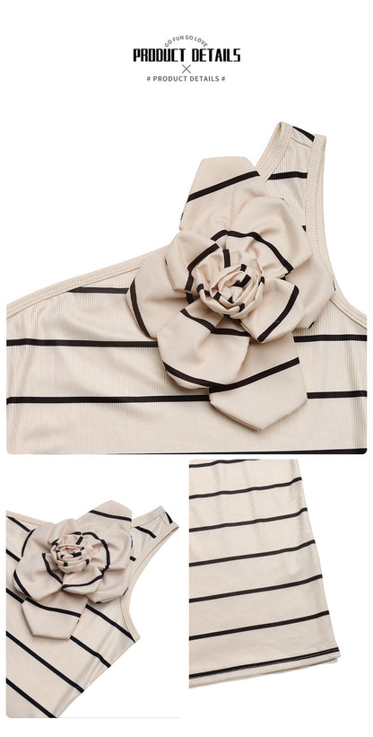 Floral Applique Bodycon Dress for Women Striped Off-Shoulder Party Cocktail Dress with 3D Flower