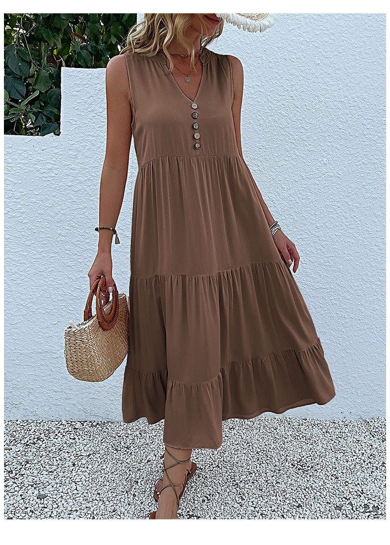 Summer Flowy Maxi Dress with Pockets Sleeveless Loose Casual Sundress V-Neck Tiered Sun Dress for Beach Cruise Vacations