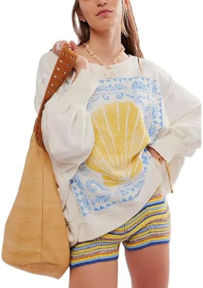 Women's Summer Loose T-Shirt Star Patch Long Sleeve Crew Neck Casual Tops Streetwear - Seldom Seen Styles