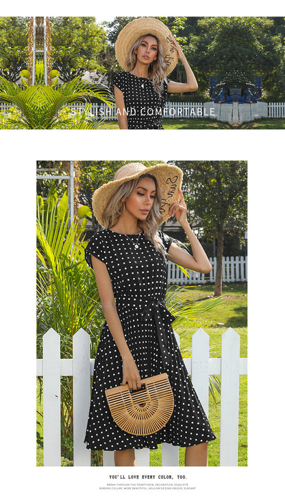 Polka Dot Dress for Women Casual Summer Midi Dress Crew Neck Short Sleeve