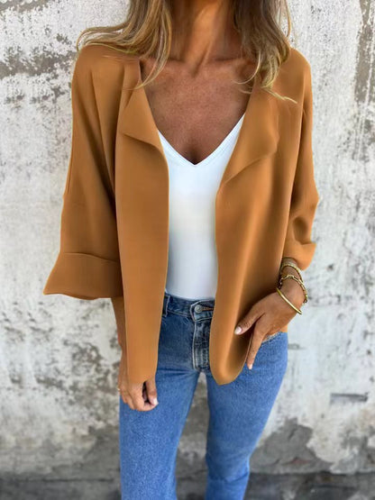 Faux Suede Cardigan, Casual Loose Lightweight Buttonless Solid Color Open Front Lapel Jacket for Women - Seldom Seen Styles