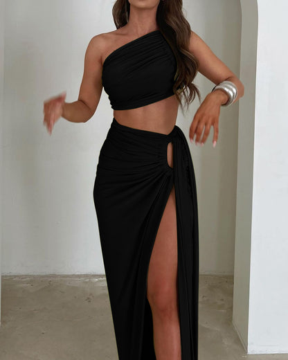 maxi dress with slit one shoulder dress two piece skirt set Sexy red one shoulder dress