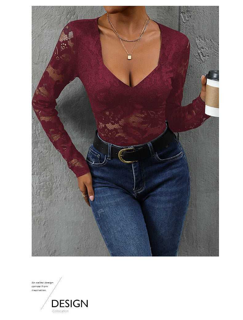 Women's Sheer Floral Lace V Neck Bodysuit Long Sleeve Slim Fit Jumpsuits
