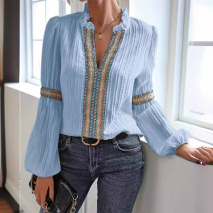 Women’s Lace Trim V Neck Lantern Long Sleeve Blouses Oversized Dressy Casual Loose Fit Business Work Shirts Tops - Seldom Seen Styles