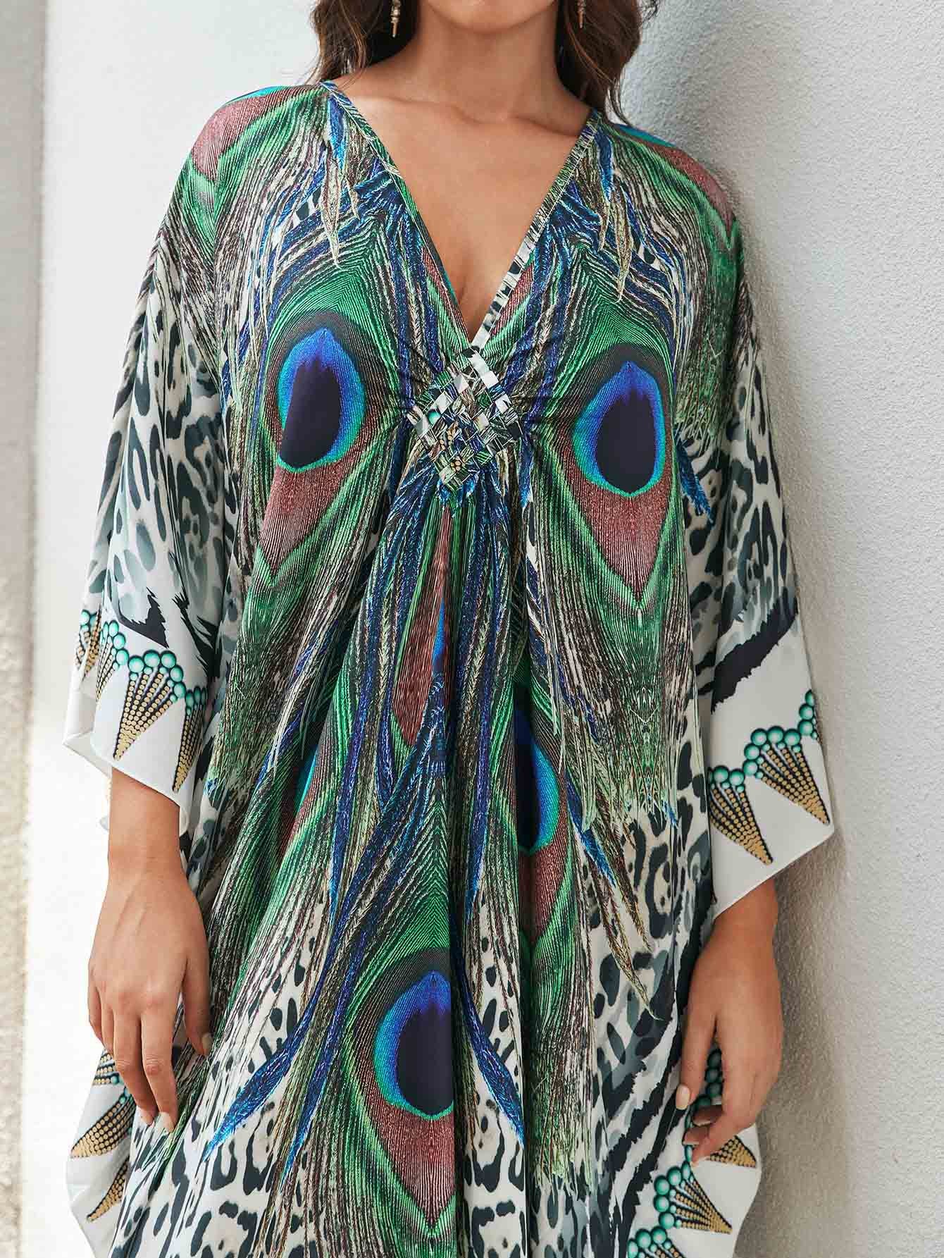 [Plus Size] Butterfly/feather Print Ruched Split Hem Tunic Dress, Valentine's Day Elegant Batwing Sleeve V Neck Long Dress for Summer, Casual Womenswear, Gift, Homecoming Dresses, Women's Clothes for Beach Holiday Vacation, Moo Moo Dresses