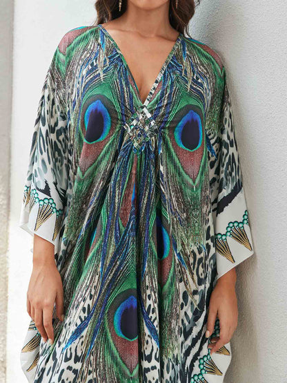 [Plus Size] Butterfly/feather Print Ruched Split Hem Tunic Dress, Valentine's Day Elegant Batwing Sleeve V Neck Long Dress for Summer, Casual Womenswear, Gift, Homecoming Dresses, Women's Clothes for Beach Holiday Vacation, Moo Moo Dresses