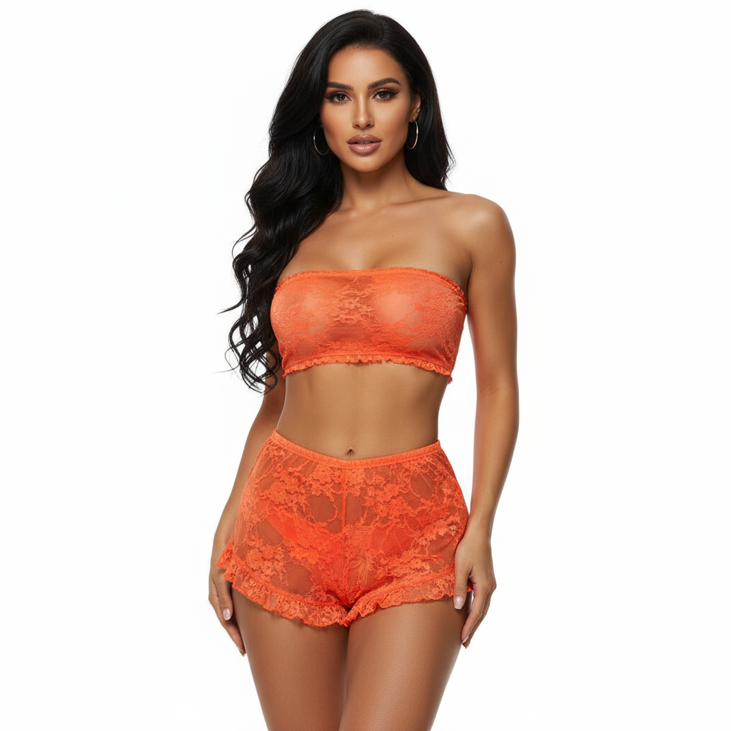 Lace Mesh Print Tube See Through Sleeveless Lingerie Set - Seldom Seen Styles