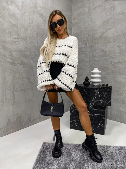 Cable striped crew neck pullover