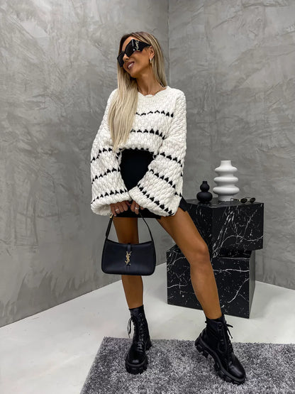 Cable striped crew neck pullover