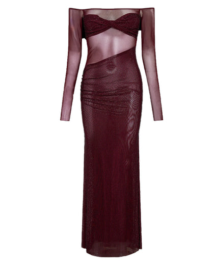 Christmas Sexy Sparkly Off-shoulder Fitted Sheer Mesh Long Dress