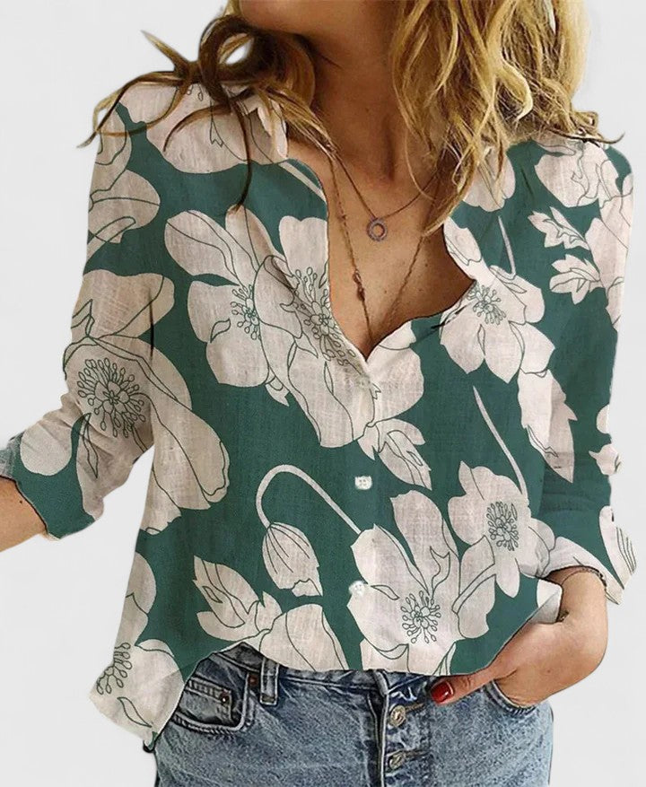 Womens Boho Floral Cotton Linen Shirt V Neck Button Down Roll Up Long Sleeve Lapel Blouse Tops 2025 - Seldom Seen Styles