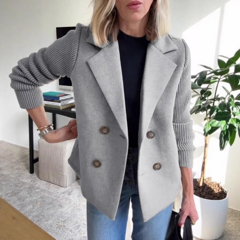 Women's Double Breasted Wool Pea Coat Notched Lapel Ribbed Knit Long Sleeve Sweater Short Blazer Jacket - Seldom Seen Styles