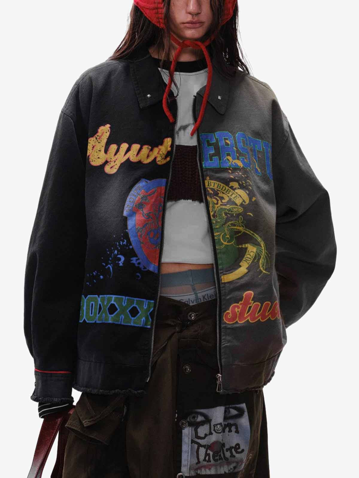 Contrast Color Spliced Graffiti Zip Up Jacket 