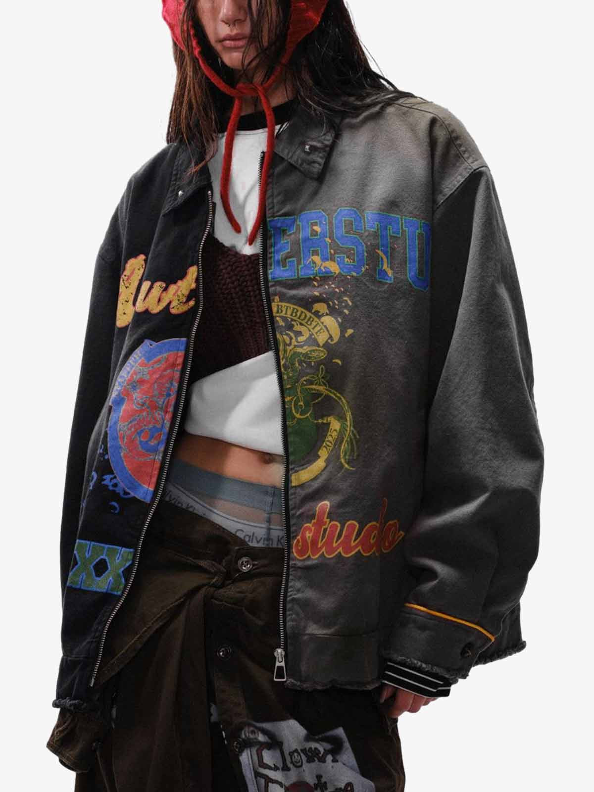 Contrast Color Spliced Graffiti Zip Up Jacket 