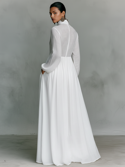 Mia | Maxi Minimalista in Cotone e Lino con Patchwork, Collo Alto e Maniche Lunghe