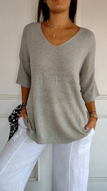 Solid Color Knitted V-neck Top - Seldom Seen Styles