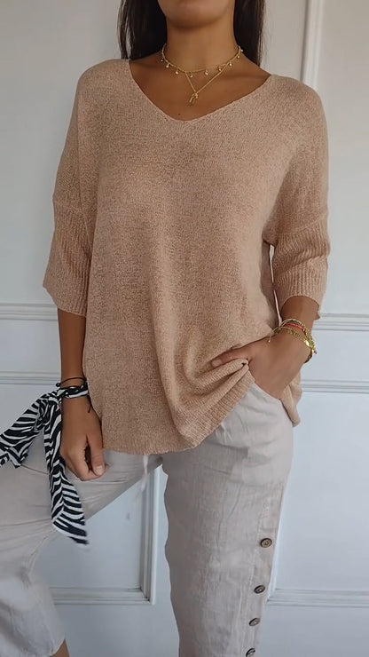 Solid Color Knitted V-neck Top - Seldom Seen Styles