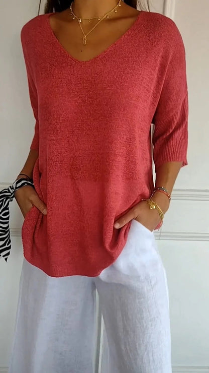 Solid Color Knitted V-neck Top - Seldom Seen Styles