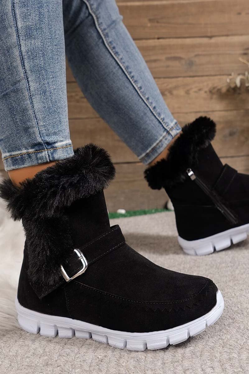 Women's round toe flat buckle side zipper thickened short boots - Seldom Seen Styles
