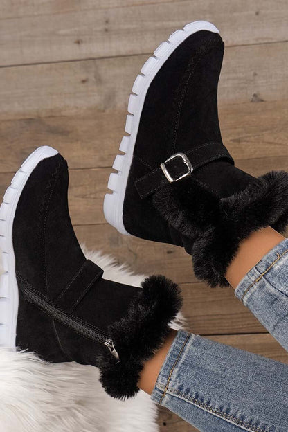 Women's round toe flat buckle side zipper thickened short boots - Seldom Seen Styles