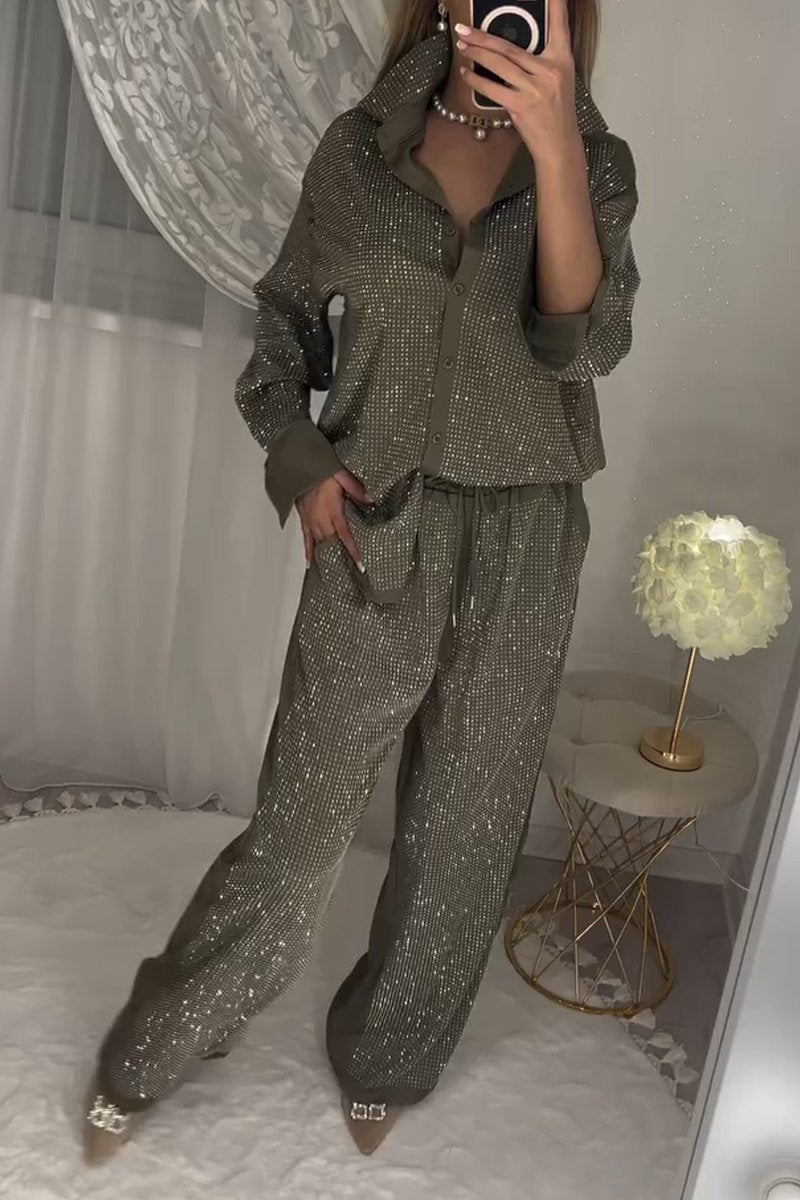 Women's stylish diamond-embellished top and pants two-piece set - Seldom Seen Styles