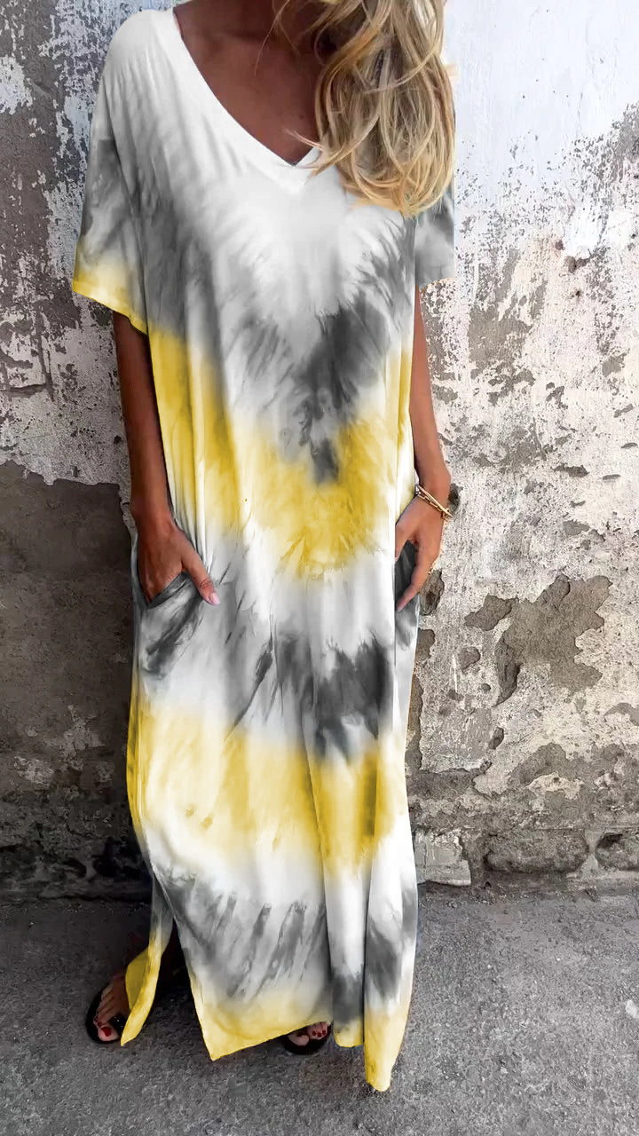 Tie-dye V-neck Long Comfortable Dress - Seldom Seen Styles