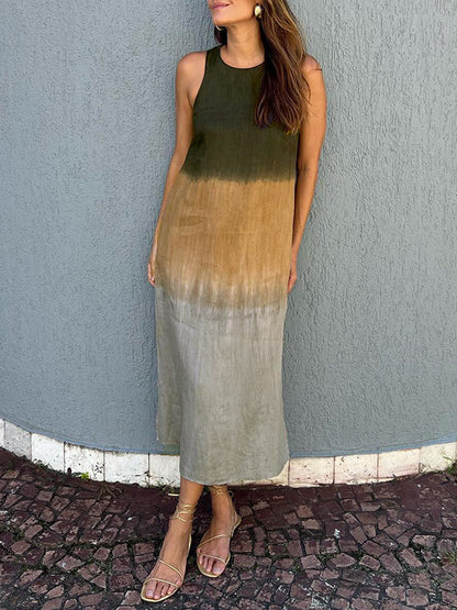 Casual cotton and linen slit gradient tie-dye long dress - Seldom Seen Styles