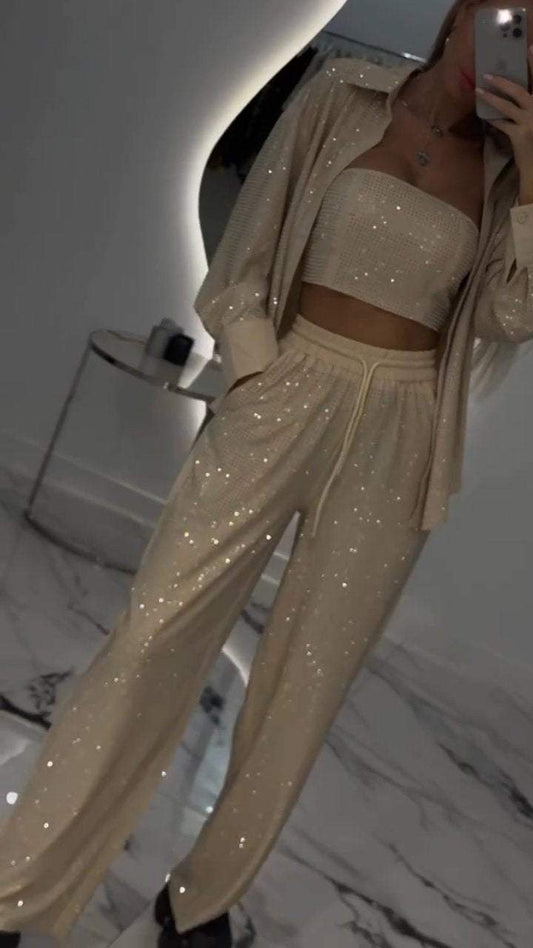 Women's Lapel Rhinestone Casual Three-piece Suit - Seldom Seen Styles