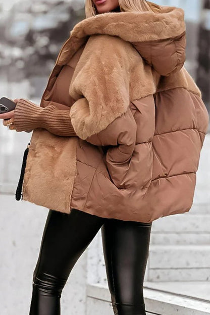 Women's Hooded Long-sleeved Fur Patchwork Winter Casual Coat - Seldom Seen Styles