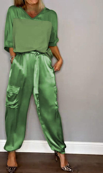 Women's Smooth Satin Half-sleeved Top and Pant Suit Two-piece - Seldom Seen Styles