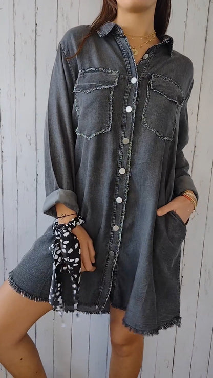 Faux Denim Comfortable Long Coat Shirt - Seldom Seen Styles
