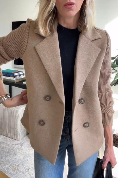 Women's Lapel Button Knitted Sleeve Casual Coat with Two Side Pockets - Seldom Seen Styles