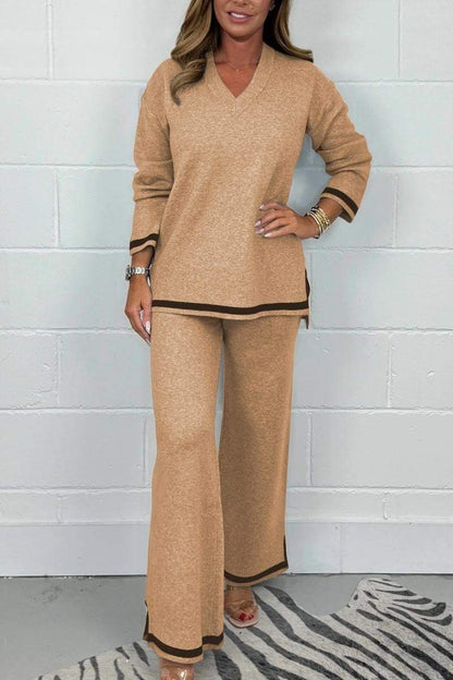 Women's V-Neck Soft Knit Border Edge Trouser Co-Ord - Seldom Seen Styles