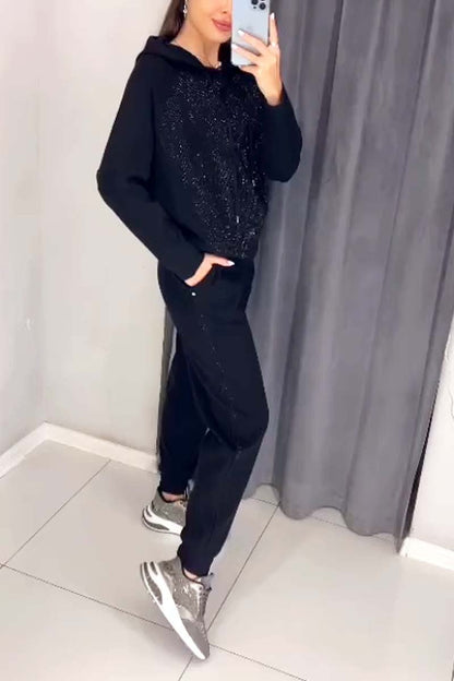 Women's casual diamond embellished hooded track suit - Seldom Seen Styles