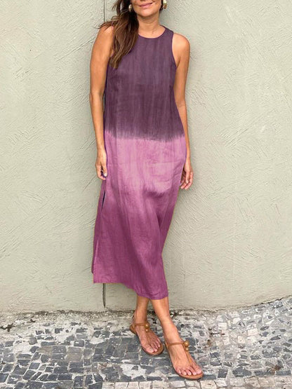 Casual cotton and linen slit gradient tie-dye long dress - Seldom Seen Styles