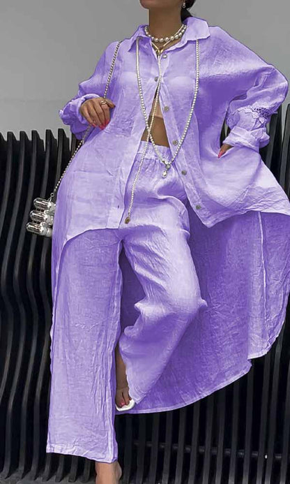 Women's Linen Back Cut-Out Shirt And Trousers Two-Piece Set - Seldom Seen Styles