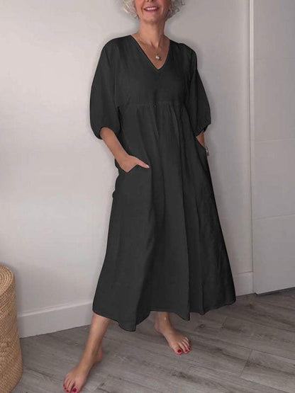 Women's V-neck Solid Color Mid-length Sleeve Dress - Seldom Seen Styles