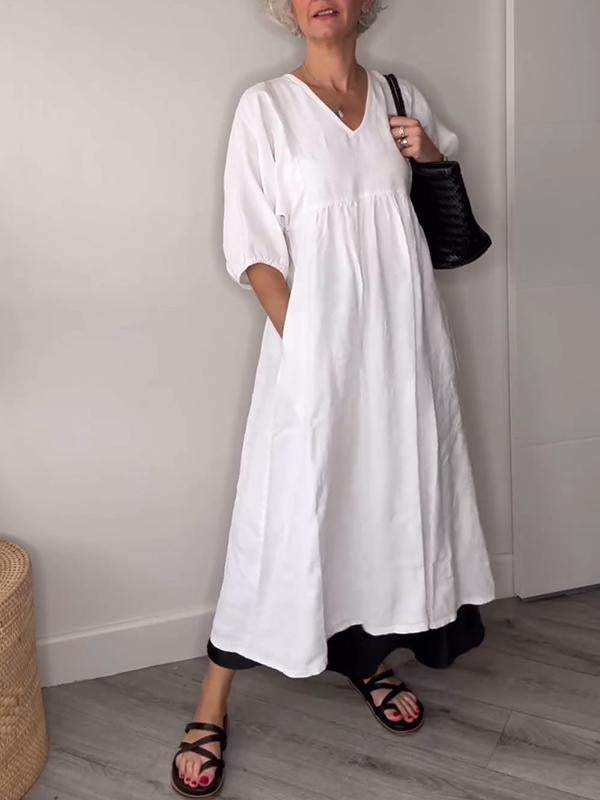 Women's V-neck Solid Color Mid-length Sleeve Dress - Seldom Seen Styles