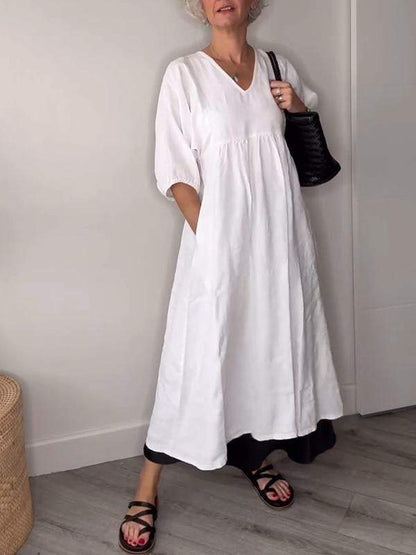Women's V-neck Solid Color Mid-length Sleeve Dress - Seldom Seen Styles