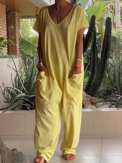 Casual V-neck Solid Color Jumpsuit - Seldom Seen Styles