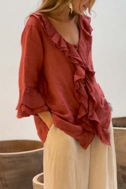 Women's casual ruffle collar cotton and linen tops - Seldom Seen Styles