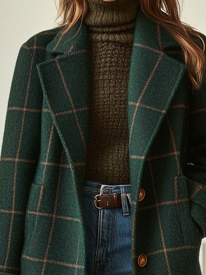 Manteau en Tweed à Carreaux avec Revers Rétro pour Femmes