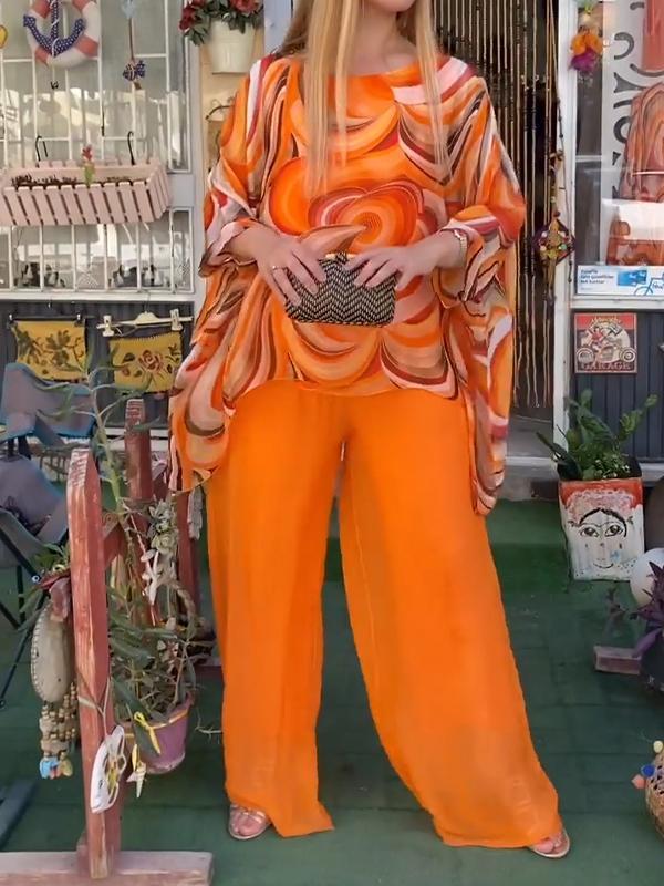 Women Colorful Chiffon Set Summer Casual Crew Neck Printed Two Piece Suit - Seldom Seen Styles