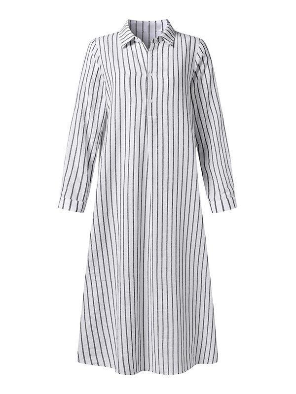 Women's Striped Cotton Linen Polo Collar Long-sleeved Shirt Dress - Seldom Seen Styles