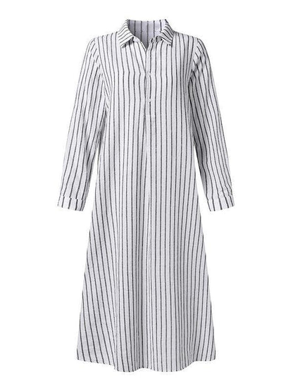Women's Striped Cotton Linen Polo Collar Long-sleeved Shirt Dress - Seldom Seen Styles