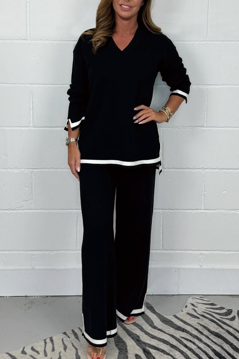 Women's V-Neck Soft Knit Border Edge Trouser Co-Ord - Seldom Seen Styles