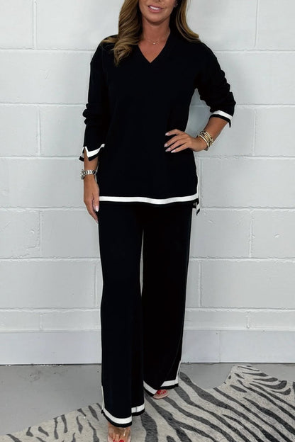 Women's V-Neck Soft Knit Border Edge Trouser Co-Ord - Seldom Seen Styles